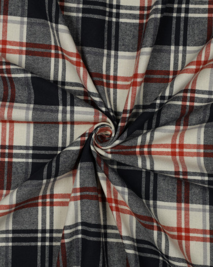 Tissu Flanelle Motif Tartan Bleu et Terracotta Fond Ecru - Mercerine