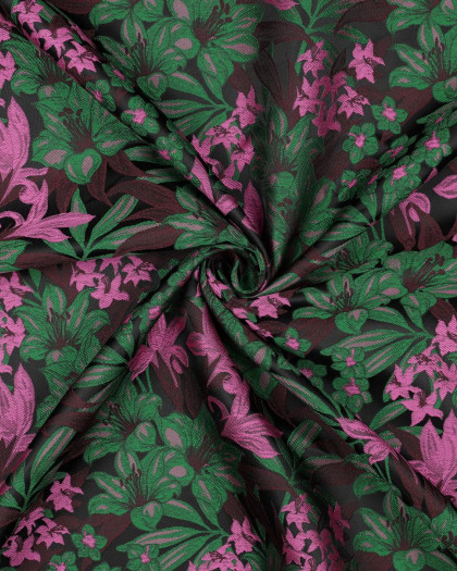Tissu Jacquard Motif Fleuri Rose et Vert Fond Noir - Mercerine