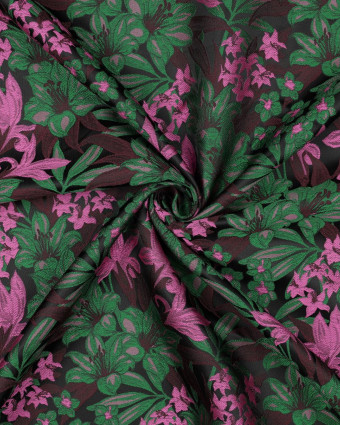 Tissu Jacquard Motif Fleuri Rose et Vert Fond Noir - Mercerine