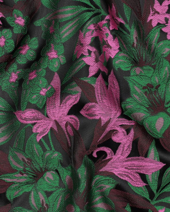 Tissu Jacquard Motif Fleuri Rose et Vert Fond Noir - Mercerine
