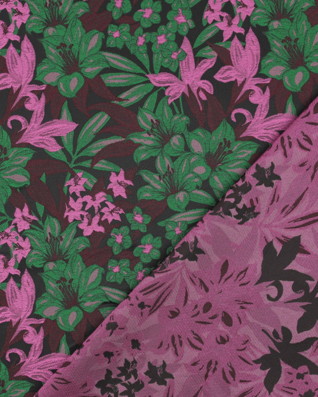 Tissu Jacquard Motif Fleuri Rose et Vert Fond Noir - Mercerine