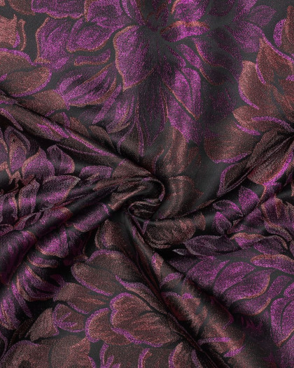 Tissu Jacquard Motif Grandes Fleurs Bronze et Mauve Pailletées - Mercerine