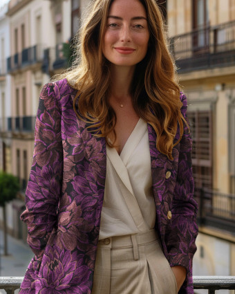 Tissu Jacquard Motif Grandes Fleurs Bronze et Mauve Pailletées - Mercerine