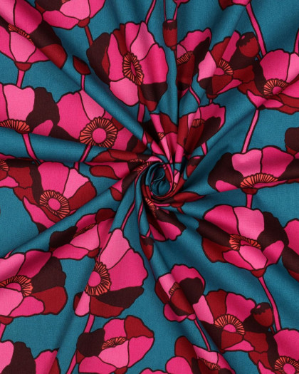Tissu Coton Viscose Grandes Fleurs Roses Fond Emeraude - Mercerine