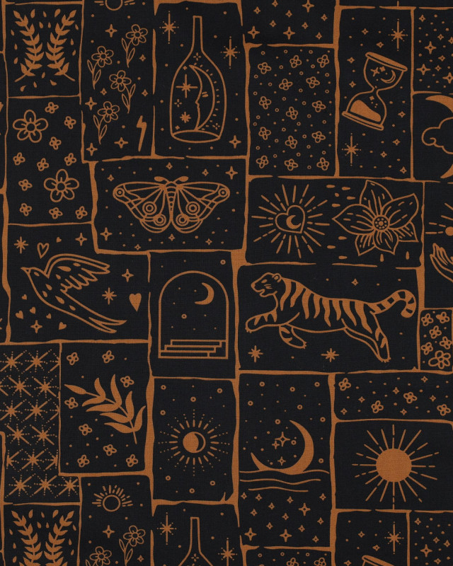 Tissu Popeline de Coton Motif Magic Fond Noir - Mercerine