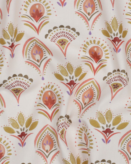 Tissu Popeline de Coton Motif Floral Indien Ecru - Mercerine