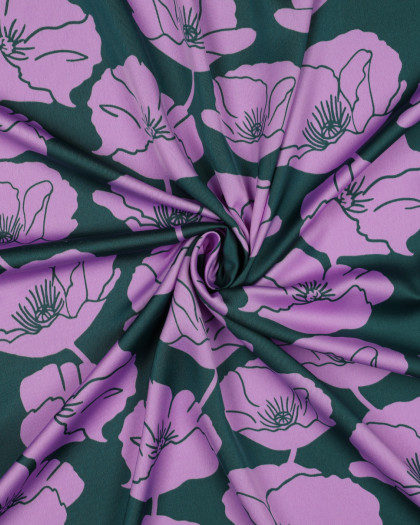 Tissu Micro Satin Toucher Soie Coquelicots Mauve Fond Vert - Mercerine