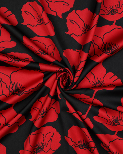 Tissu Micro Satin Toucher Soie Coquelicots Rouges Fond Noir - Mercerine