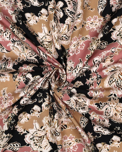 Tissu Satin de Viscose Motif Floral Cachemire Rose Noir et Camel - Mercerine