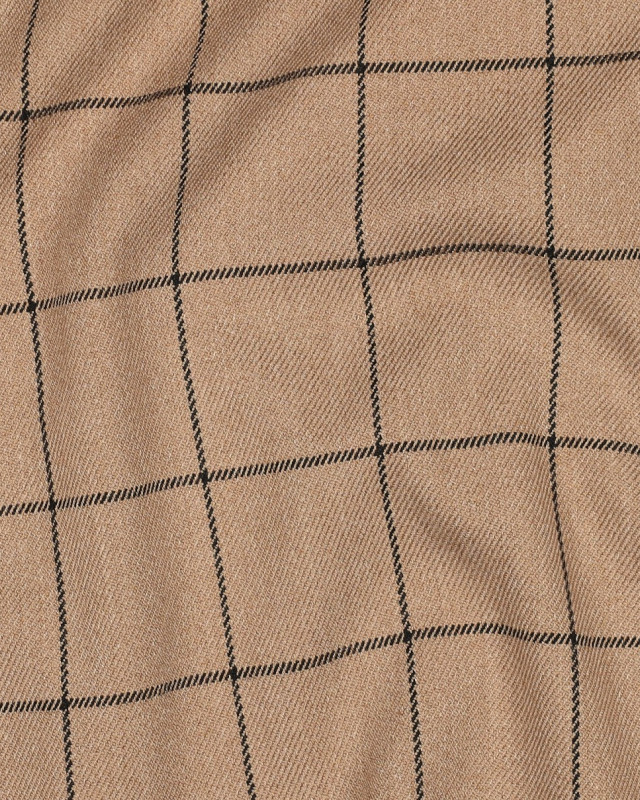 Tissu Tartan Stretch Camel Carreaux Noirs - Mercerine