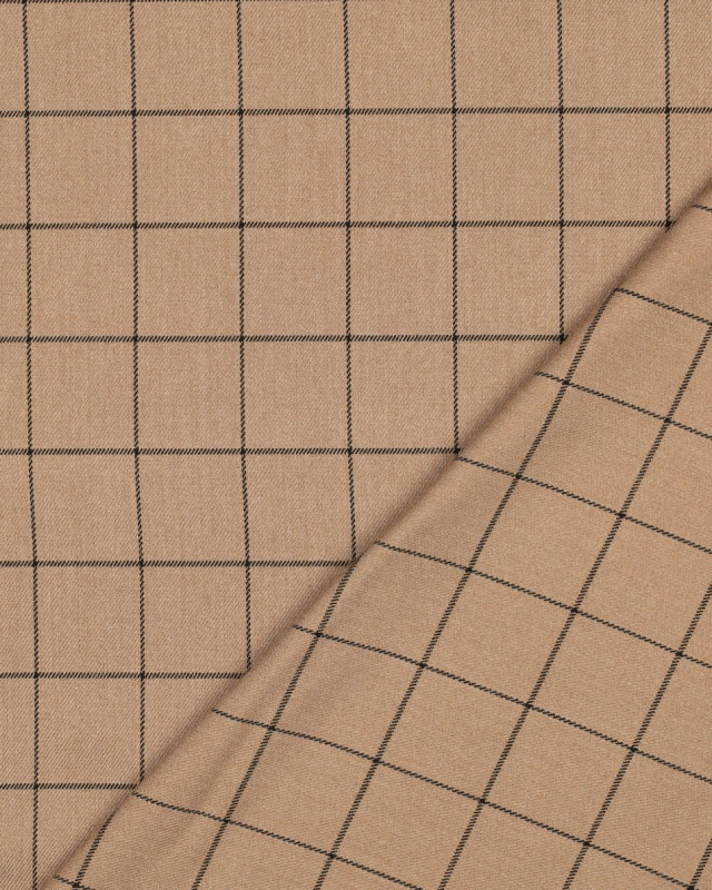Tissu Tartan Stretch Camel Carreaux Noirs - Mercerine