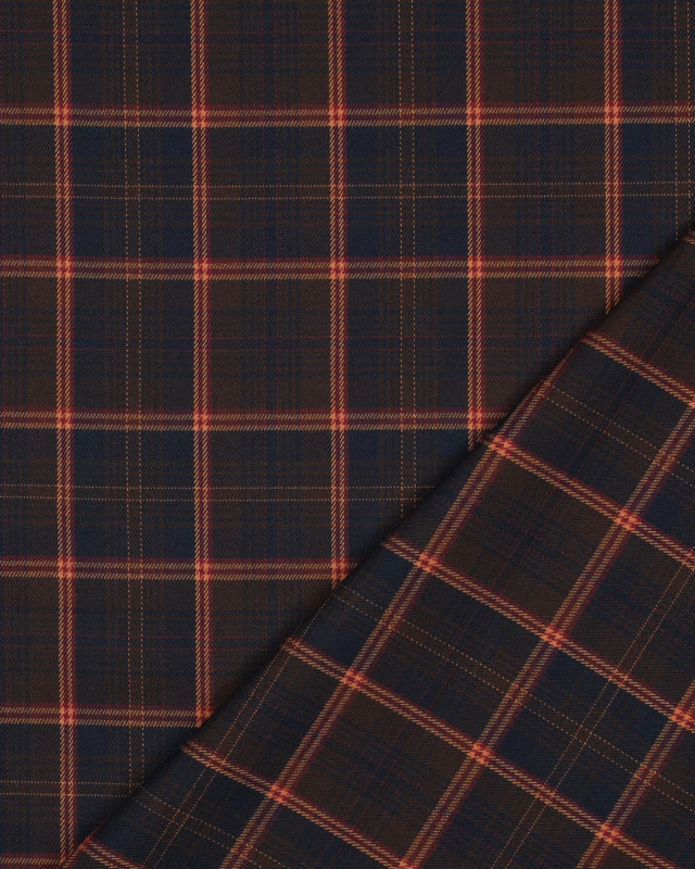 Tissu Tartan Stretch Bleu Nuit Carreaux Caramel - Mercerine