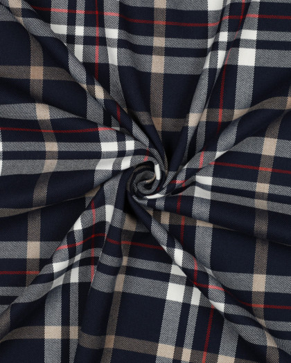 Tissu Tartan Stretch Bleu Nuit Carreaux Camel - Mercerine
