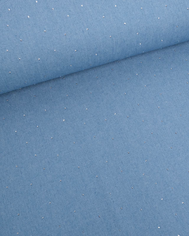 Tissu Jean Léger  Bleu Clair Strass Argent - Mercerine