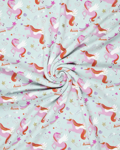 Tissu Sweat Envers Gratté Bleu Clair Motif Licorne - Mercerine