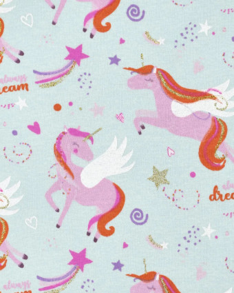 Tissu Sweat Envers Gratté Bleu Clair Motif Licorne - Mercerine