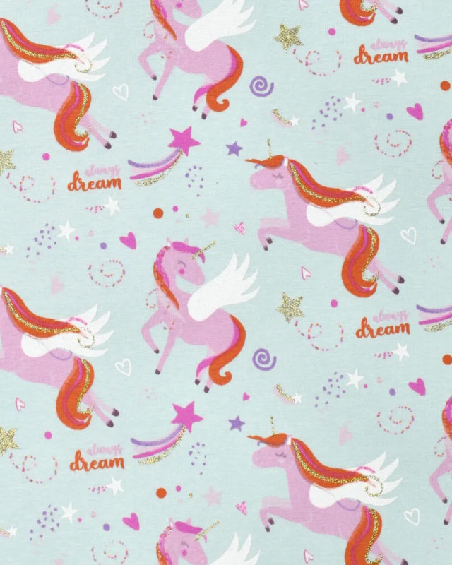 Tissu Sweat Envers Gratté Bleu Clair Motif Licorne - Mercerine