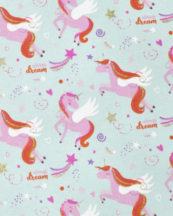 Tissu Sweat Envers Gratté Bleu Clair Motif Licorne - Mercerine
