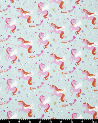 Tissu Sweat Envers Gratté Bleu Clair Motif Licorne - Mercerine