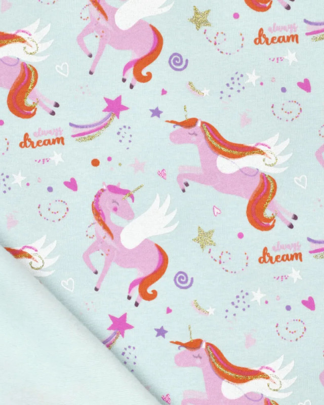 Tissu Sweat Envers Gratté Bleu Clair Motif Licorne - Mercerine
