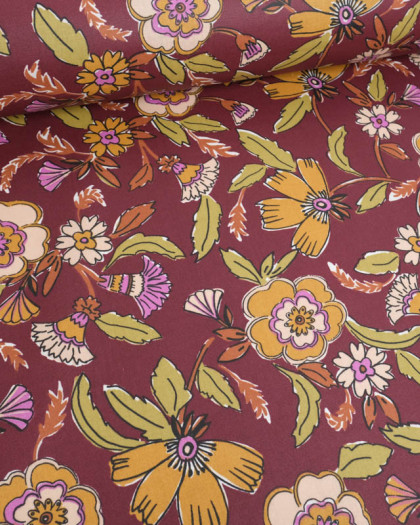 Tissu Coton Enduit Bordeaux Motif Floral - Mercerine