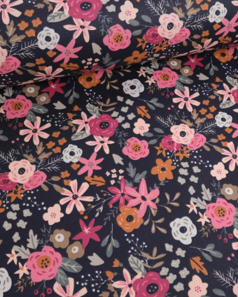 Tissu Coton Enduit Bleu Nuit Motif Fleuri Rose - Mercerine