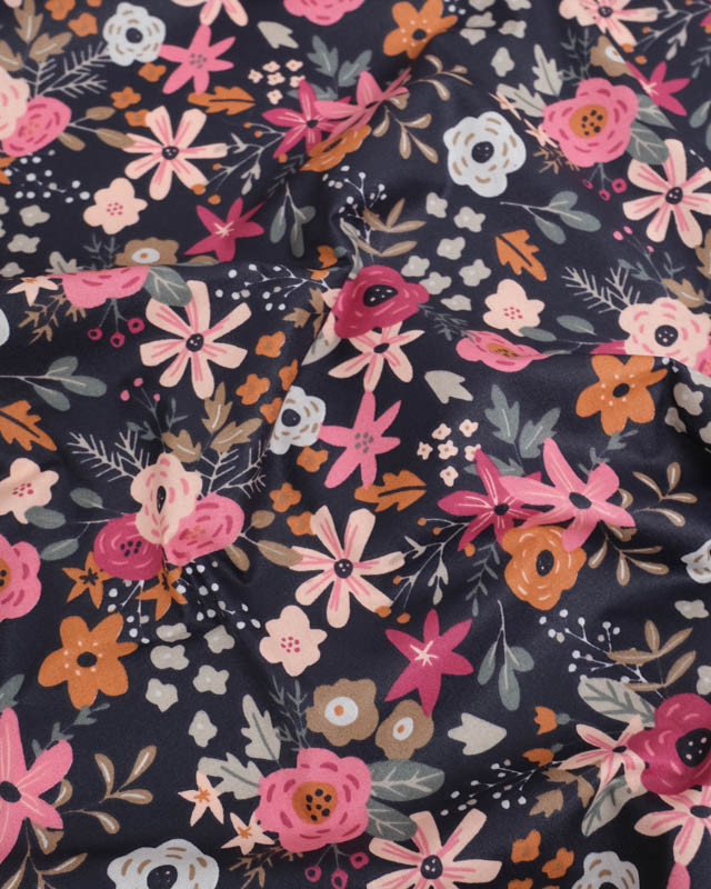 Tissu Coton Enduit Bleu Nuit Motif Fleuri Rose - Mercerine