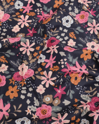Tissu Coton Enduit Bleu Nuit Motif Fleuri Rose - Mercerine