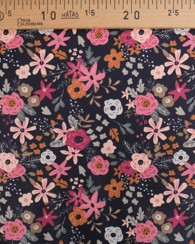 Tissu Coton Enduit Bleu Nuit Motif Fleuri Rose - Mercerine