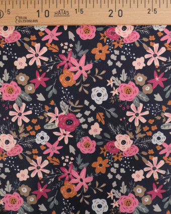 Tissu Coton Enduit Bleu Nuit Motif Fleuri Rose - Mercerine