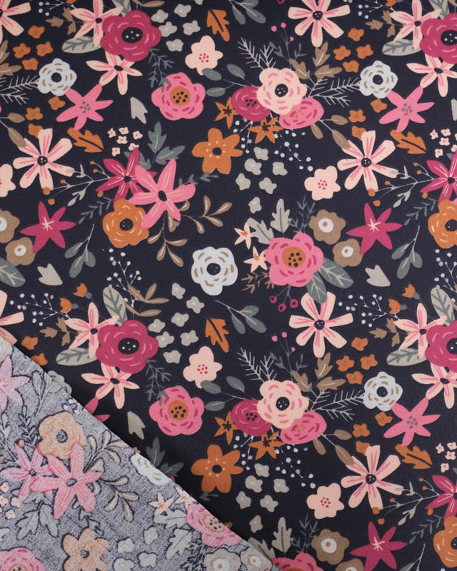 Tissu Coton Enduit Bleu Nuit Motif Fleuri Rose - Mercerine