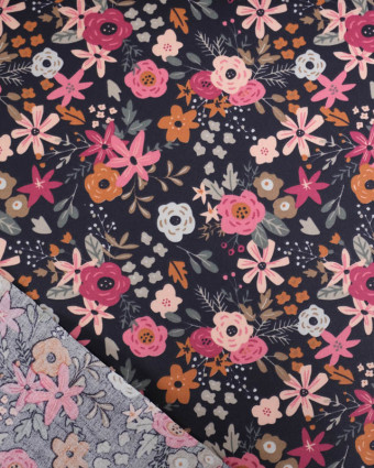 Tissu Coton Enduit Bleu Nuit Motif Fleuri Rose - Mercerine