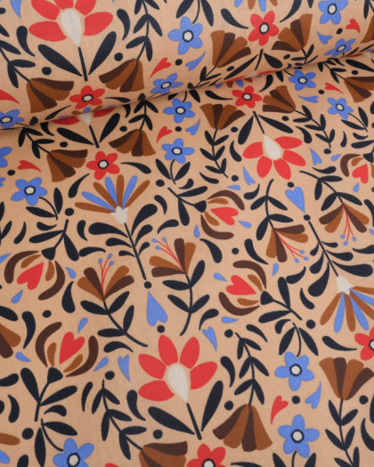 Tissu Coton Enduit Beige Motif Floral Rouge et Bleu - Mercerine