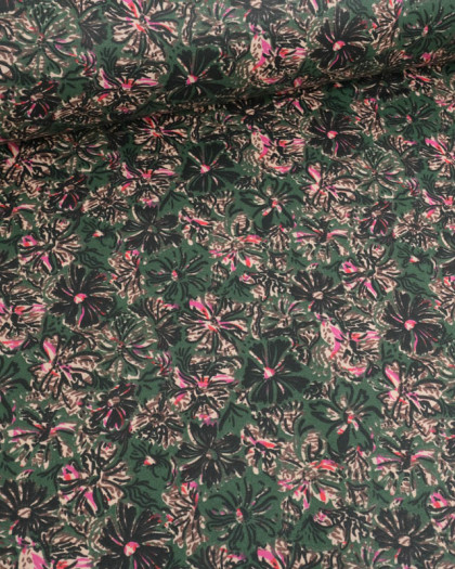 Tissu Coton Enduit Vert Motif Floral Rose - Mercerine