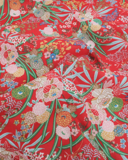 Tissu Percale de Coton Rouge Motif Floral Japonisant - Mercerine