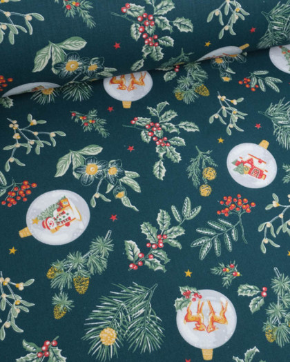 Tissu Percale Coton Esprit de Noël Fond Bleu Vert - Mercerine