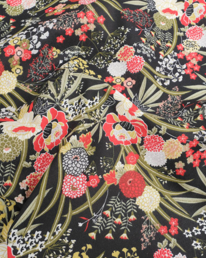 Tissu Percale de Coton Noir Motif Floral Japonisant - Mercerine