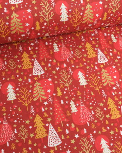 Tissu Percale de Coton Rouge Sapin de Noël - Mercerine