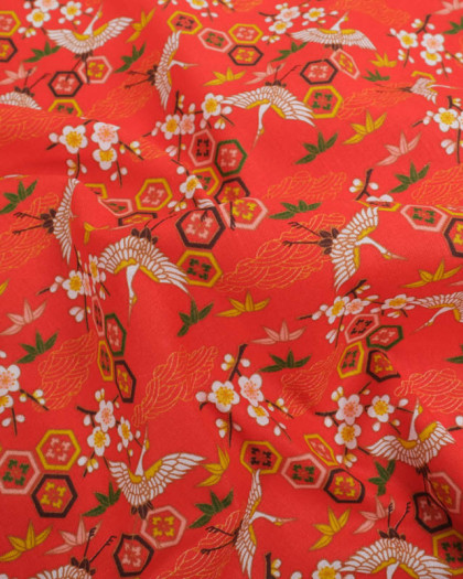 Tissu Percale de Coton Rouge Motif Japonisant - Mercerine