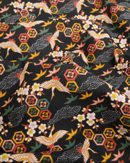 Tissu Percale de Coton Noir Motif Japonisant - Mercerine