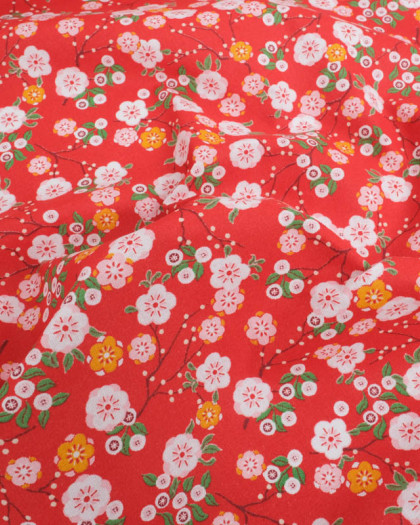 Tissu Percale de Coton Rouge Motif Fleuri Japonisant - Mercerine