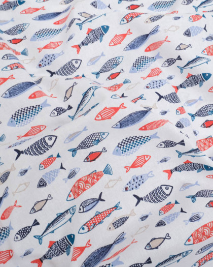 Tissu Percale de Coton Blanc Petits Poissons - Mercerine