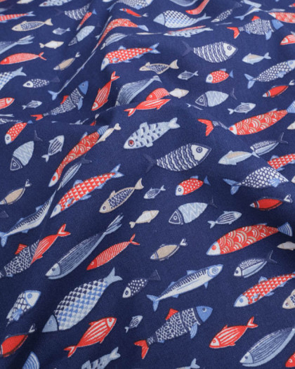 Tissu Percale de Coton Marine Petits Poissons - Mercerine