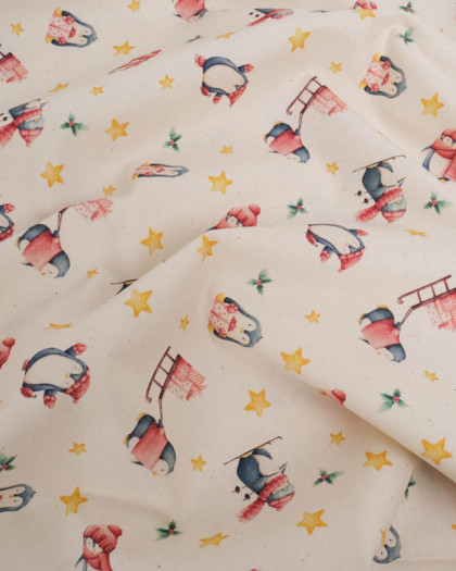 Popeline de Noël Petits Pingouins Fond Naturel - Mercerine