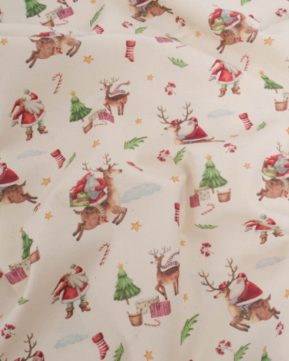 Popeline de Noël Renne et Père Noël Fond Naturel - Mercerine