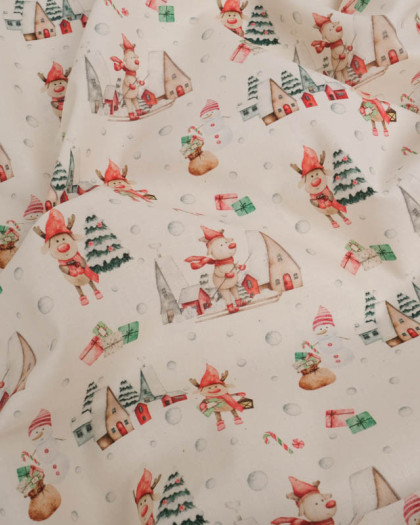 Popeline de Noël Petit Renne Fond Naturel  - Mercerine