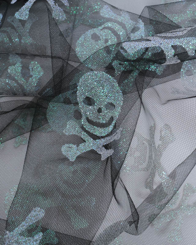 Tissu Halloween Tulle Têtes de Mort Pailletées - Mercerine