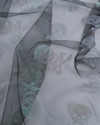 Tissu Halloween Tulle Têtes de Mort Pailletées - Mercerine