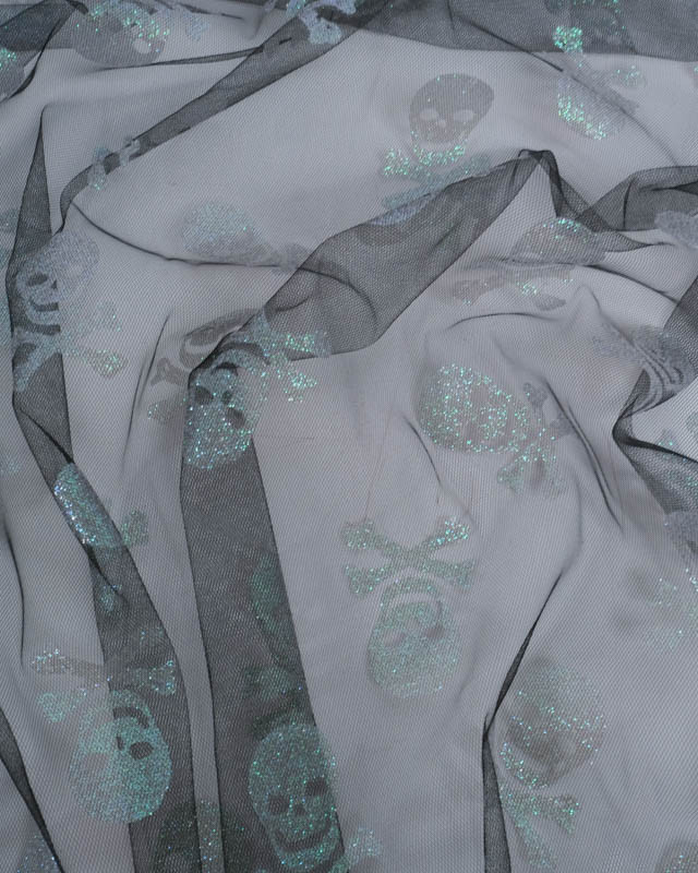 Tissu Halloween Tulle Têtes de Mort Pailletées - Mercerine