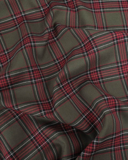 Tissu Tartan Ecossais Stretch Kaki et Rouge - Mercerine